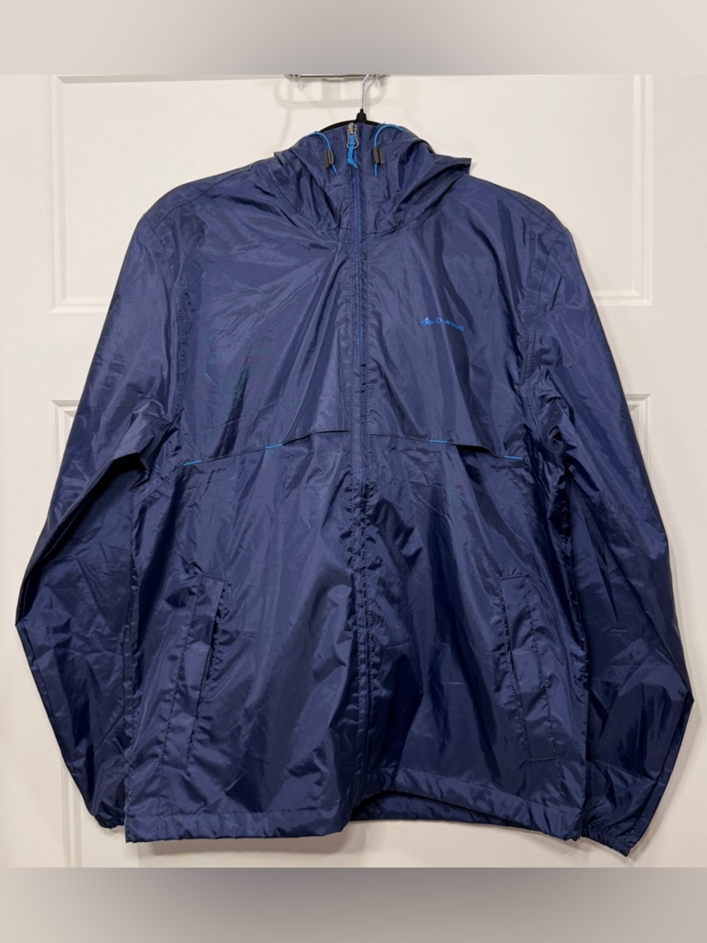 Quechua Decathlon Rain Jacket Mens Blue Lightweight Hooded Packable Windbreaker